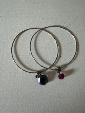 Silver-Tone Hoop Bracelet Set with Purple Gem Charms